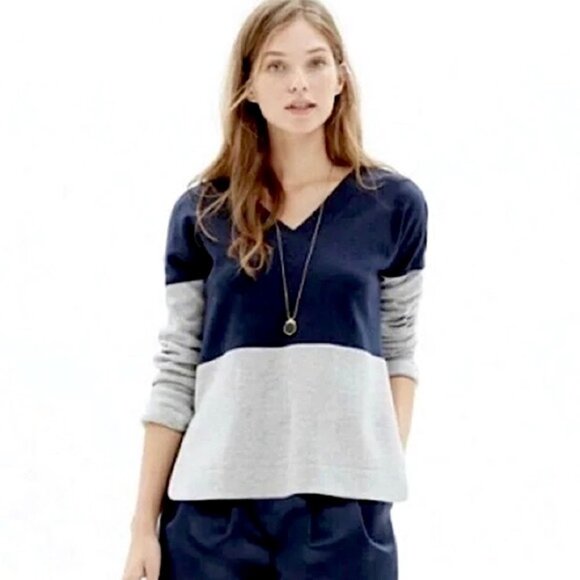 Madewell Sz Small V-neck Color-block Split-hem Sweatshirt Back Zip NavyBlue Gray - Picture 2 of 10